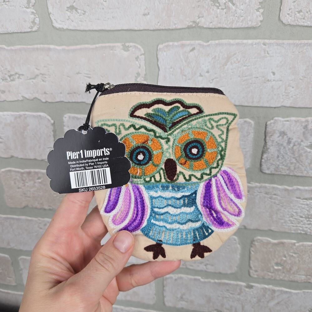 Pier One Small Coind Purse Embroidered Owl Zip - Picture 1 of 5